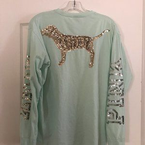 Mint Green; Long Sleeved; Sequined 100% Cotton PINK Top - Sz. M
